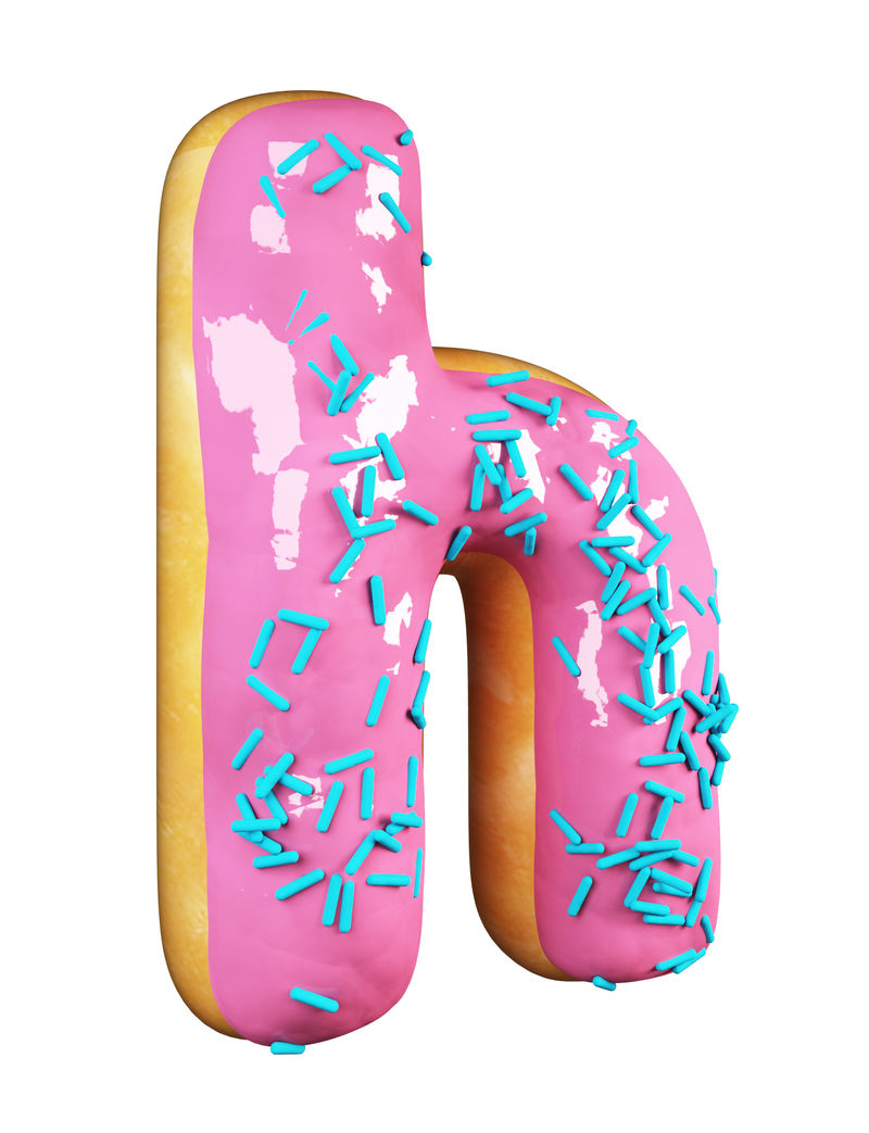 玫瑰釉甜甜圈字体概念与蓝色洒美味的字母H.3d呈现在白色背景上