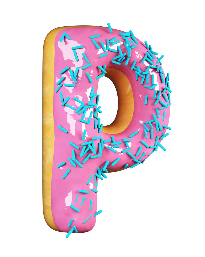 玫瑰釉甜甜圈字体概念与蓝色洒美味的字母P.3d呈现在白色背景上