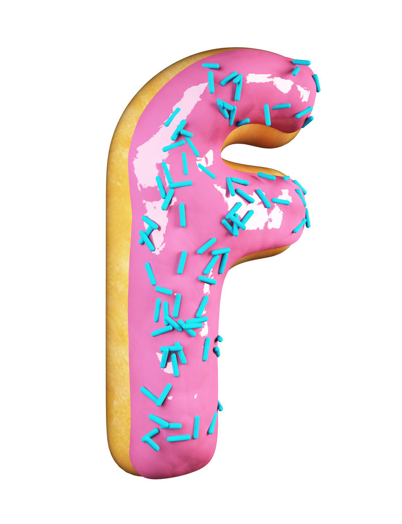 玫瑰釉甜甜圈字体概念与蓝色洒美味的字母F.白色背景下的3D渲染