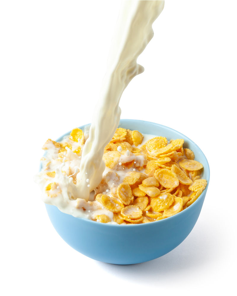 玉米片加牛奶的干早餐一股带奶酪的牛奶和溅洒在蓝色盘子里的谷类食品白底隔离