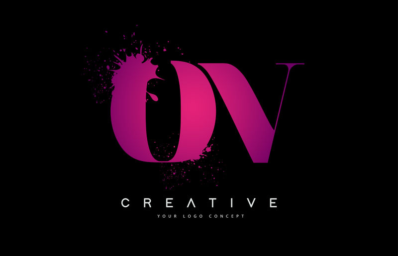 紫色粉色OV O V字母标志设计水彩泼墨