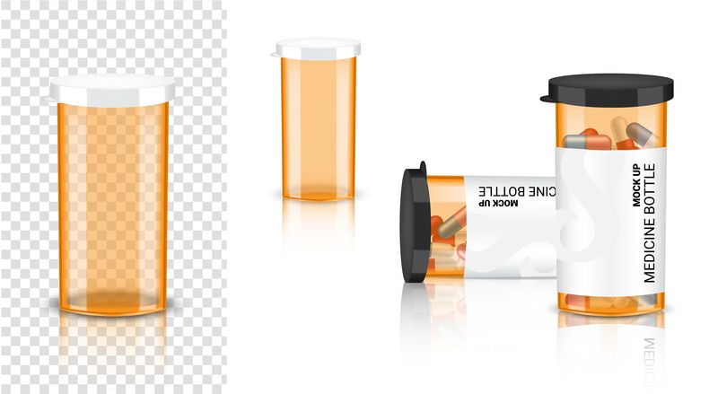 瓶子3D模拟现实医学透明琥珀胶囊和维生素丸包装-健康产品白底插图