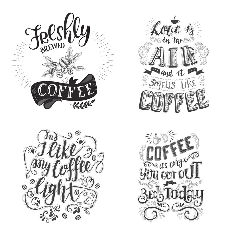 一套咖啡报价矢量手绘字体餐厅和酒吧的装饰书法和印刷设计咖啡植物