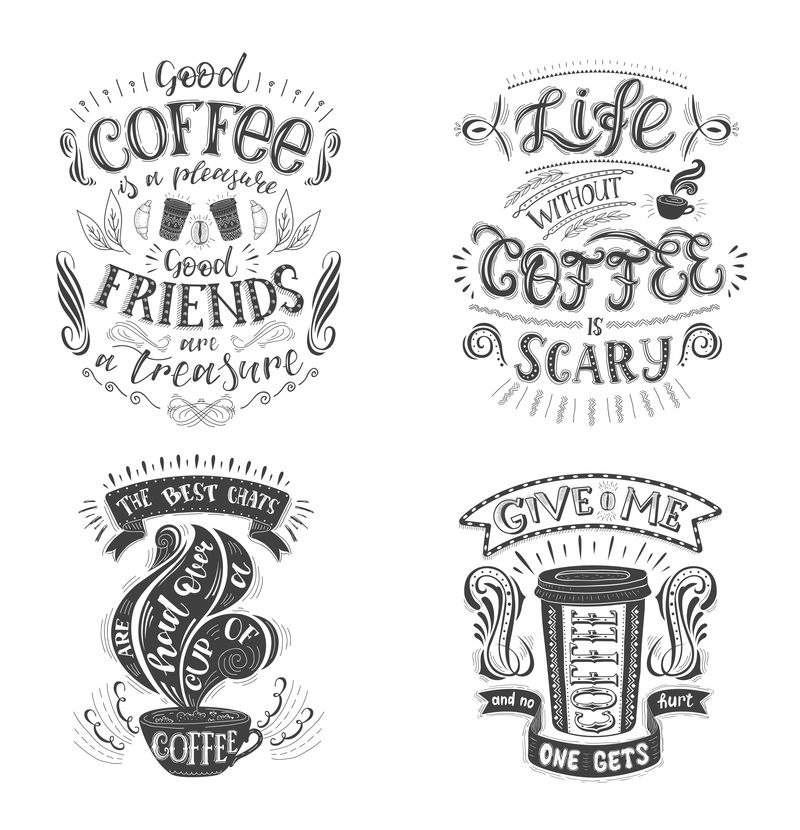 一套咖啡报价矢量手绘字体餐厅和酒吧的装饰书法和印刷设计