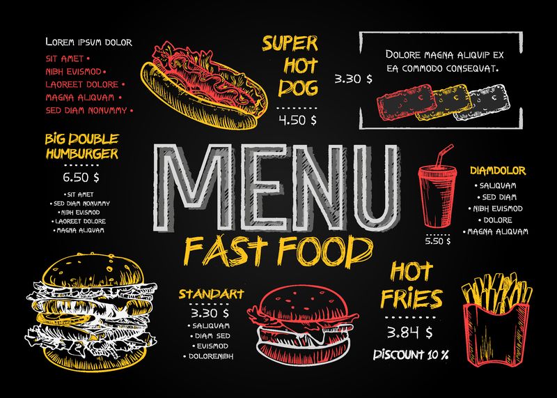 餐厅菜单设计模板与黑板背景-矢量草图风格的老式粉笔画快餐菜单