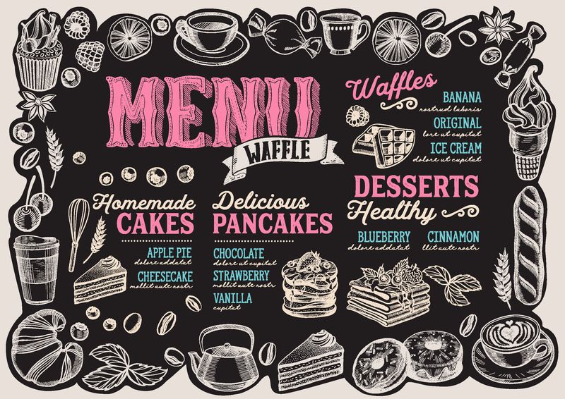 餐厅的华夫饼和薄煎饼菜单模板-位于黑板背景上-用于食品和饮料咖啡馆的矢量插图小册子上-复古字体和手绘图形框架的设计布局