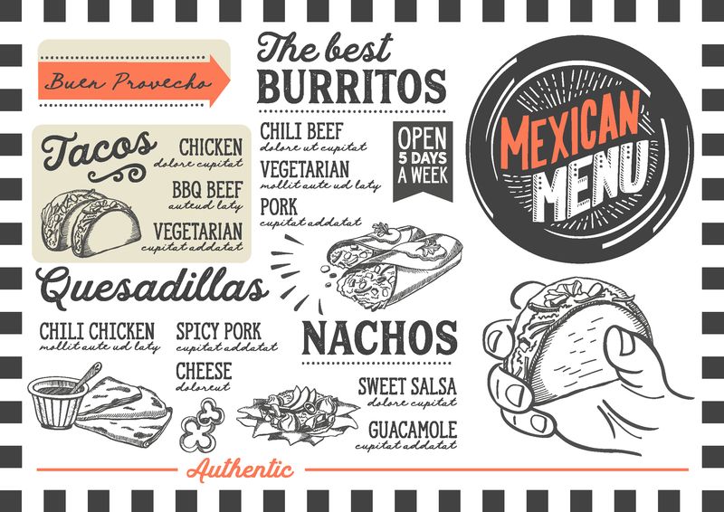 餐厅和咖啡厅的墨西哥菜单-带有食物手绘图形插图的设计模板