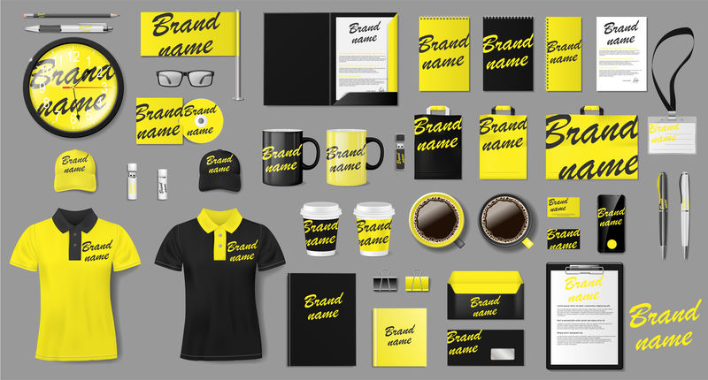 企业标识模板设计为商店打上黄色和黑色商业文具的商标文具和制服为您的品牌包装矢量图EPS 10