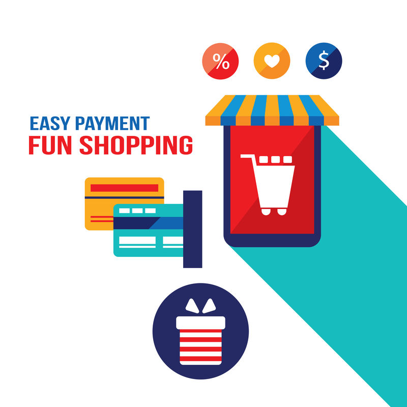 购物容易电子商务网上购物和银行卡支付概念矢量图解