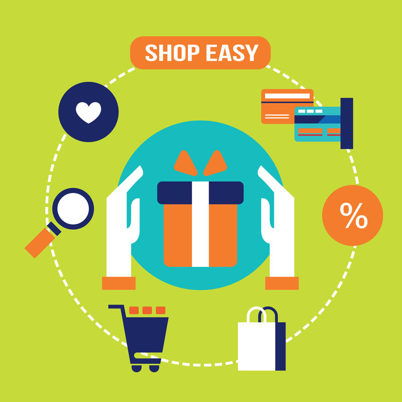 购物容易买礼物和礼物电子商务网上购物和银行卡支付概念矢量图解