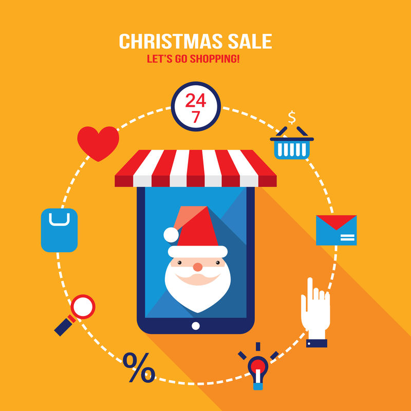 屏幕上有圣诞老人和购物网站图标的平板电脑电子商务业务新年圣诞节季节性销售矢量图解