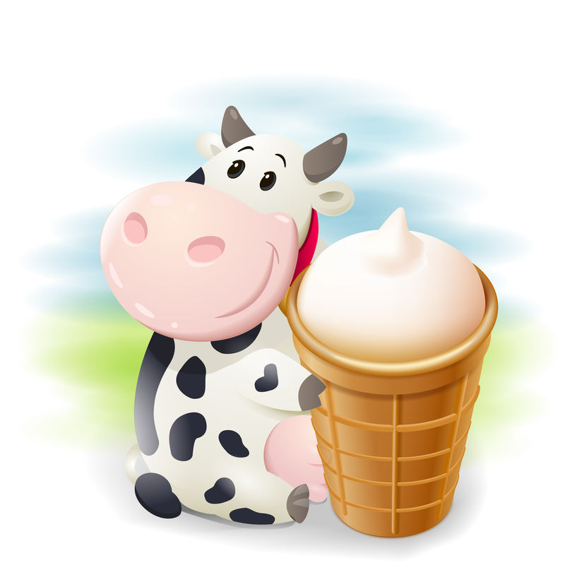 卡通胖奶牛加冰淇淋-带有简单渐变的矢量剪贴画插图