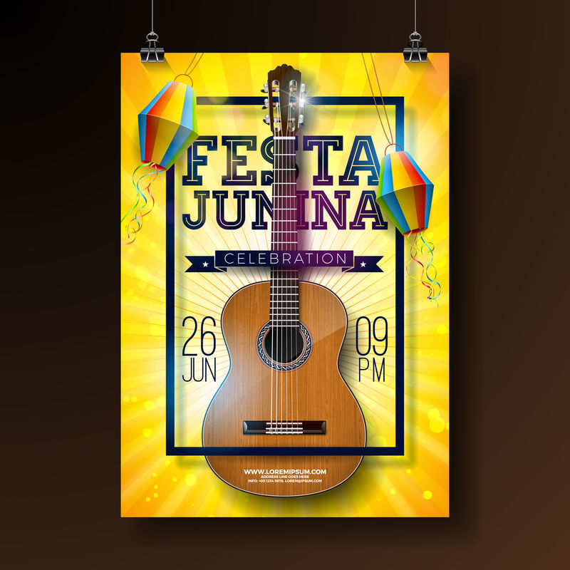 Festa Junina派对传单插图印刷设计和原声吉他黄色背景上的旗帜和纸灯笼Vector巴西六月节日邀请设计或节日庆典海报