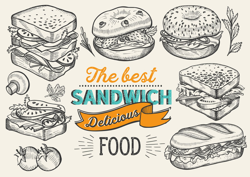 三明治插图-百吉饼小吃餐厅汉堡咖啡厅和快餐车的矢量手绘海报刻字和涂鸦复古图案设计
