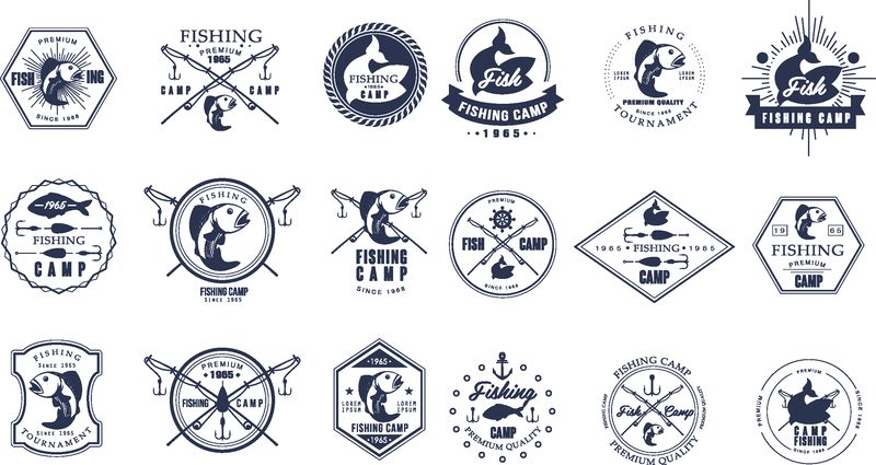 怀旧渔营标志或锦标赛会徽模板的矢量集-带有鱼和鱼竿的原始单色标签-积极娱乐