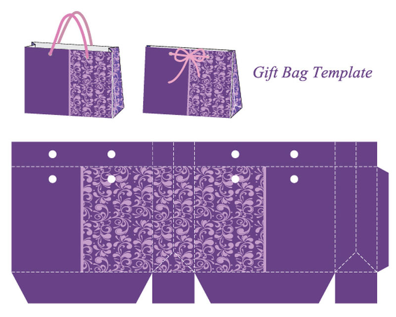 带有紫色花卉图案的礼品袋模板矢量图