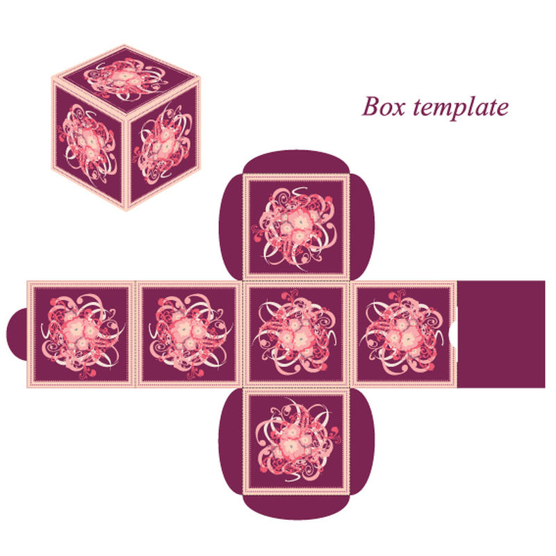带盖的方形盒模板带有花卉元素和装饰框的矢量插图
