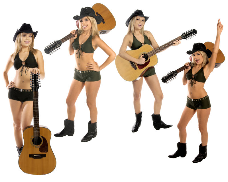 一个性感的年轻牛仔的四个姿势的集合帽子比基尼和靴子12弦原声吉他