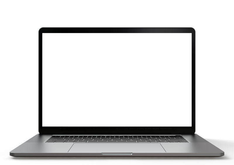 笔记本电脑银色铝质开盖白色背景光环境键盘可见空白屏幕完美的实物模型非常高的细节和分辨率极简的构图