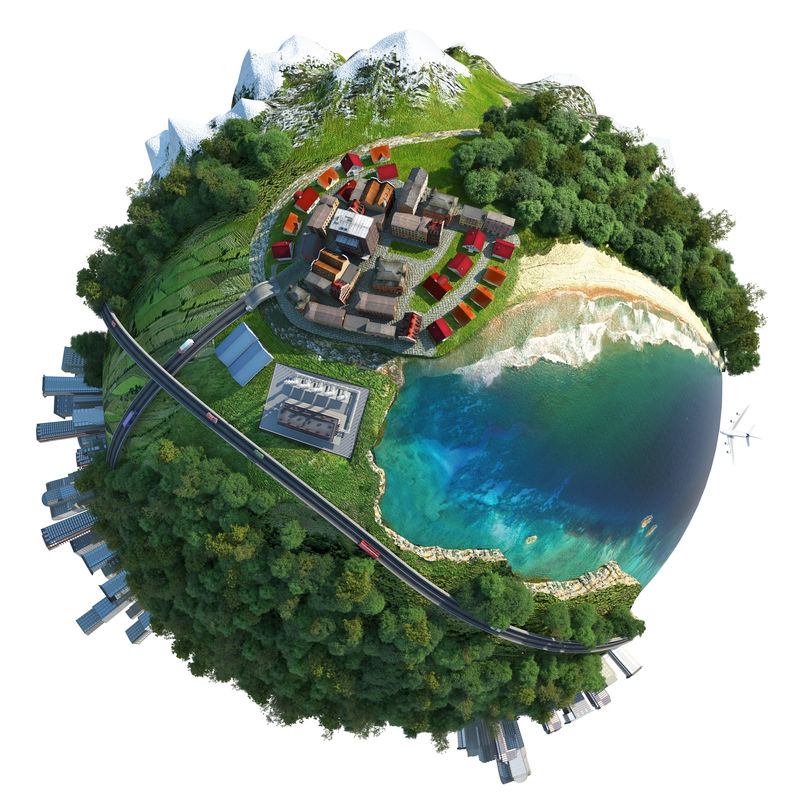 微型地球仪-展示各种景观-如山海滩海洋城镇城市森林-以及交通和通讯-白色隔离