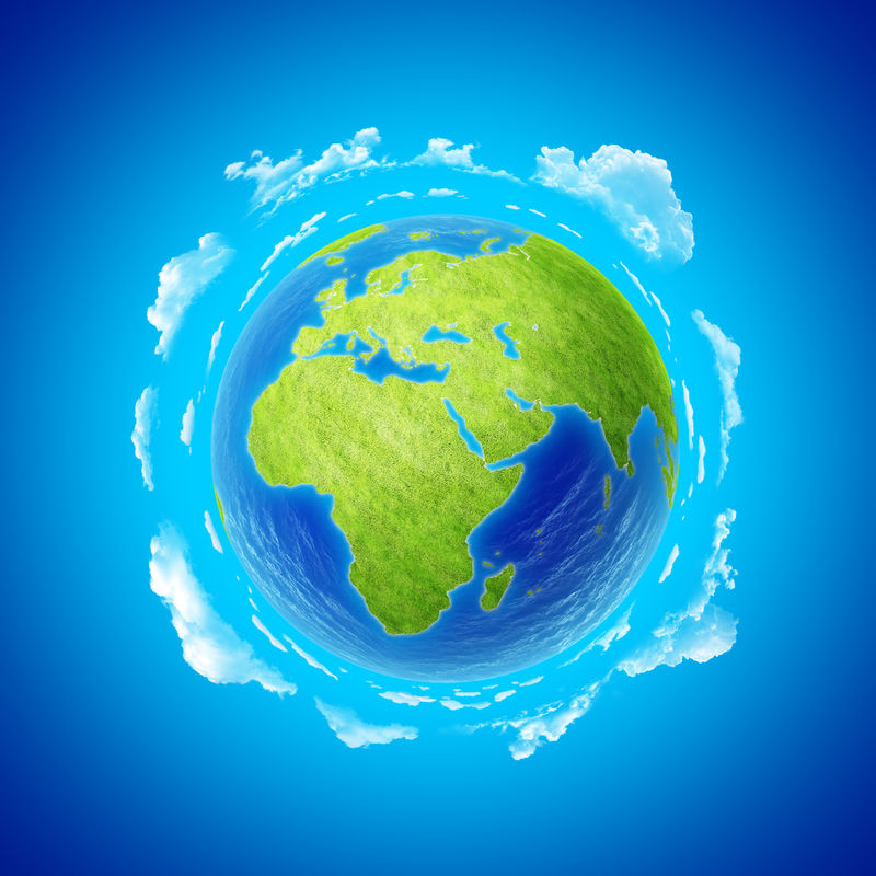 卡通地球地球地球仪-大陆大陆海洋和树木的三维地理图-地球日-保存环境符号-数字通信网络互联网连接矢量图