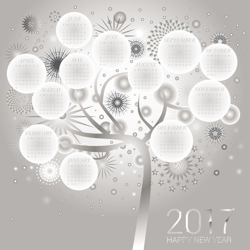 银色烟花在快乐发光的树上为日历设计