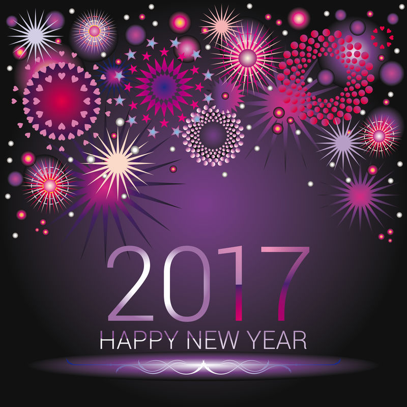 在紫色渐变背景上用彩色烟花设计的新年快乐数字