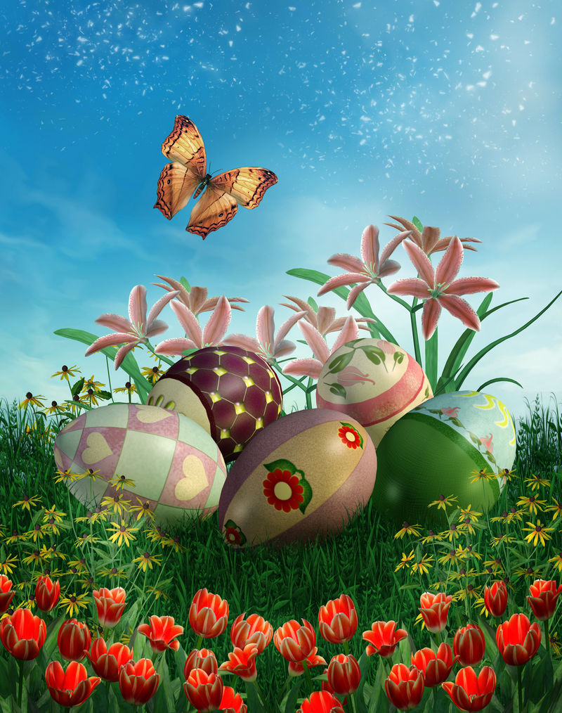 复活节背景-篮子里装满了复活节彩蛋