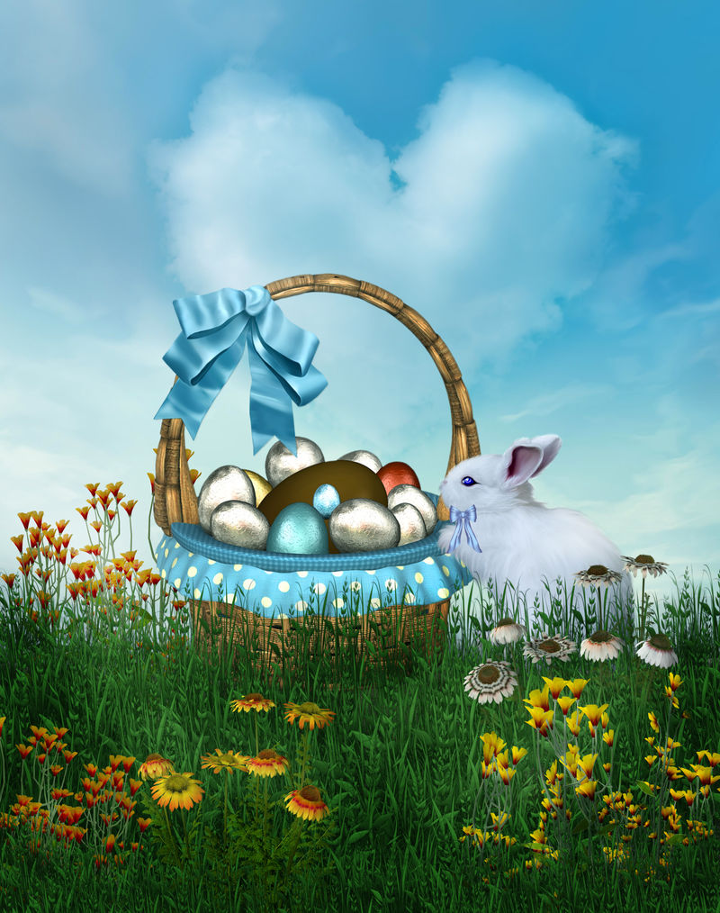 彩蛋花篮复活节礼物兔自然春天背景矢量图