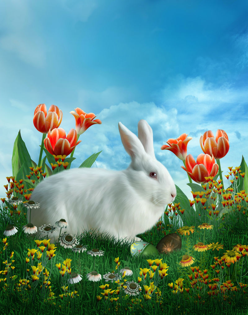 复活节兔子-春天的郁金香和绿草地上的复活节彩蛋