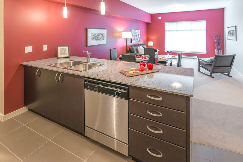 全新住宅的豪华现代生活套房：精心装饰的厨房冰岛桌和后面的客厅-室内设计