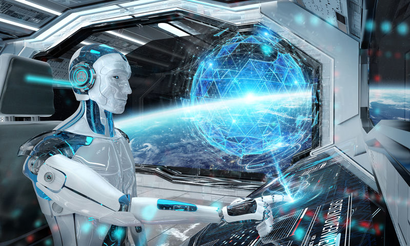 控制室中的机器人驾驶一艘白色的现代宇宙飞船在空间上有视窗和数字地球全息图3D绘制