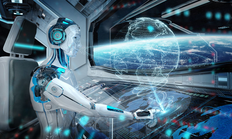 控制室中的机器人驾驶一艘白色的现代宇宙飞船在空间上有视窗和数字地球全息图三维绘制