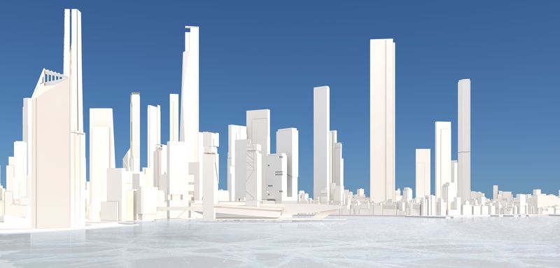 冰冻湖泊和蓝天的3D通用城市