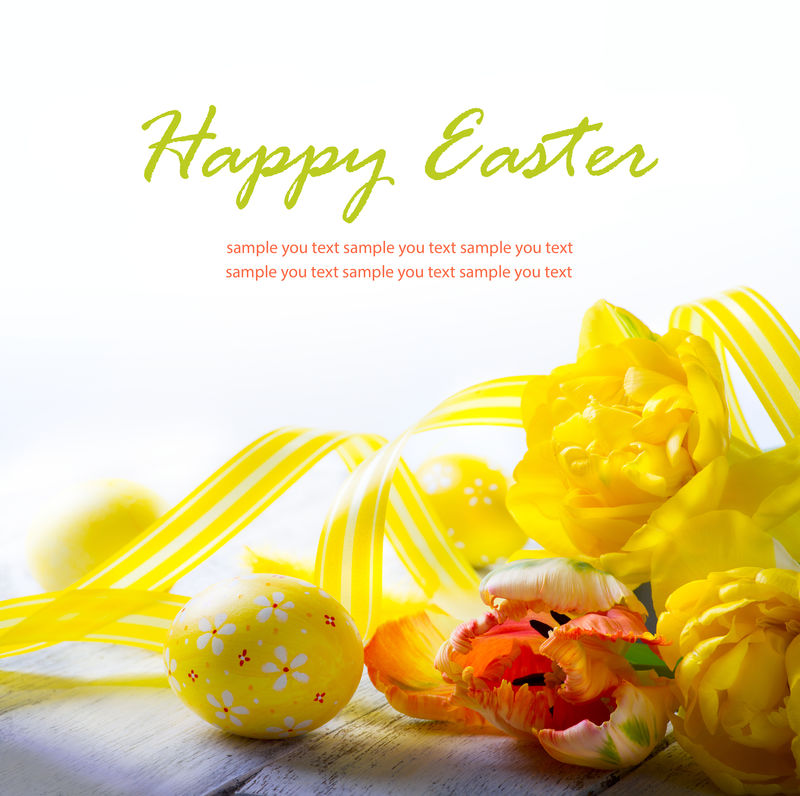 白色背景上的复活节彩蛋和黄色春天花