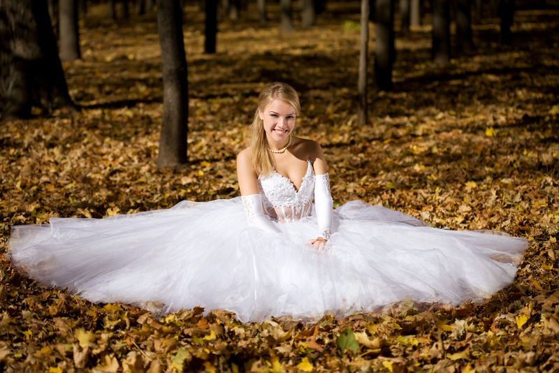 美丽的年轻新娘坐在秋园里