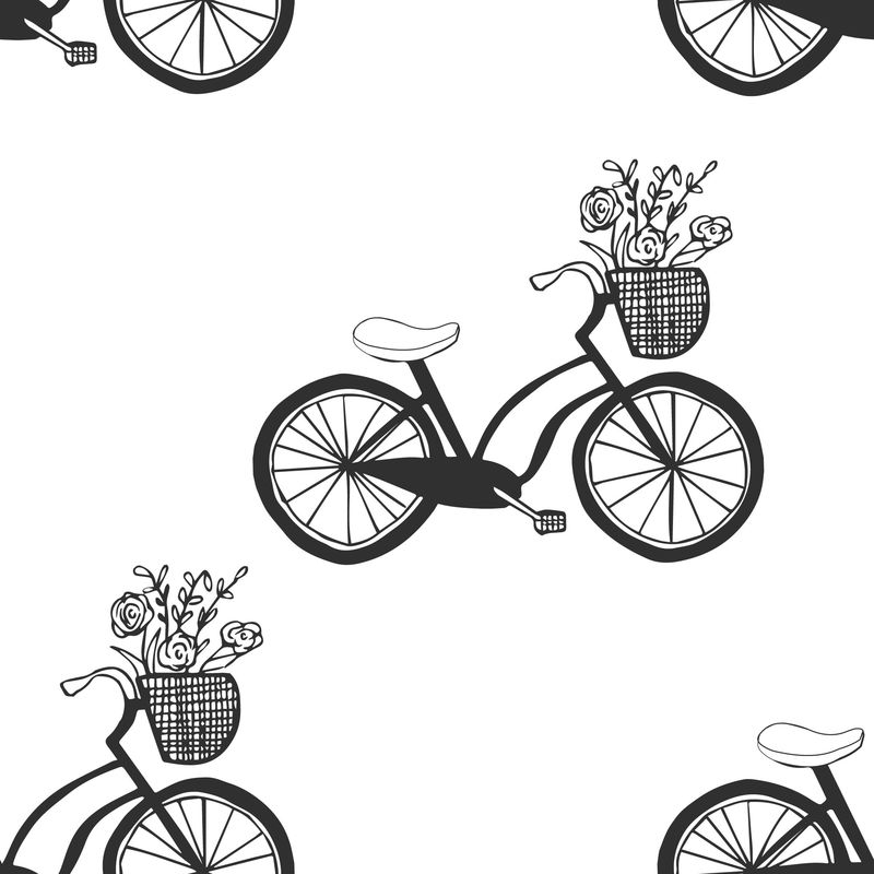 白色背景矢量图上带花篮的手绘复古自行车