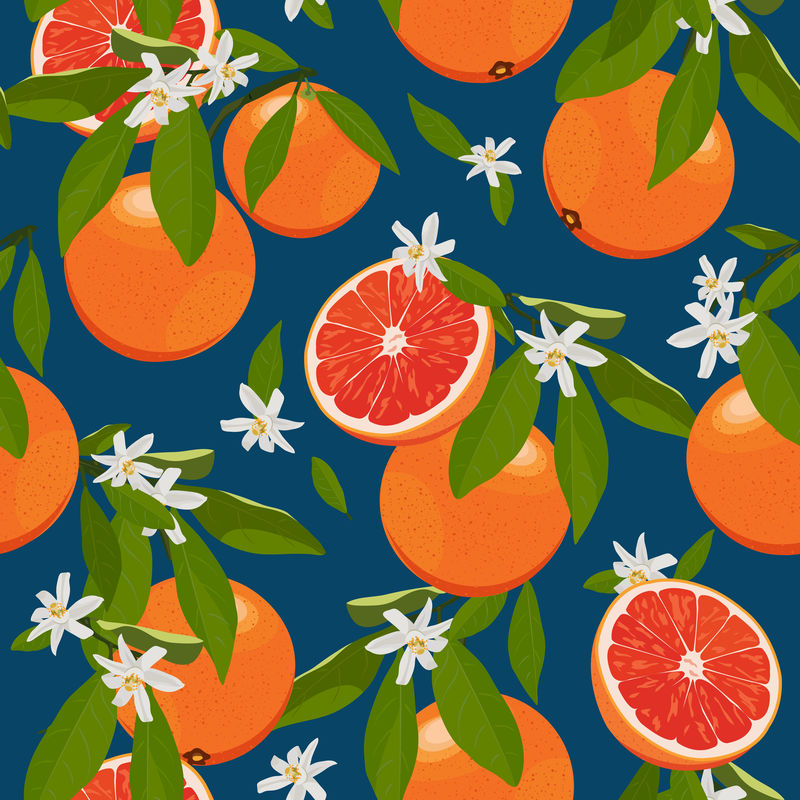 无缝图案的橙色水果-蓝色背景上有花和叶-葡萄柚矢量图
