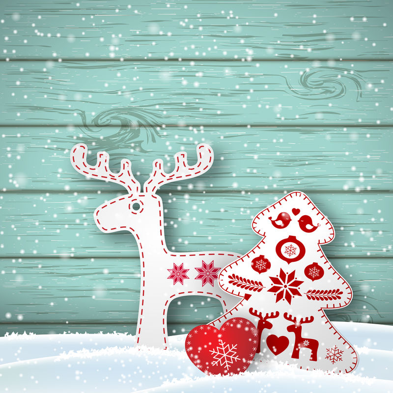 圣诞背景蓝色木墙前的斯堪的纳维亚风格小装饰插图