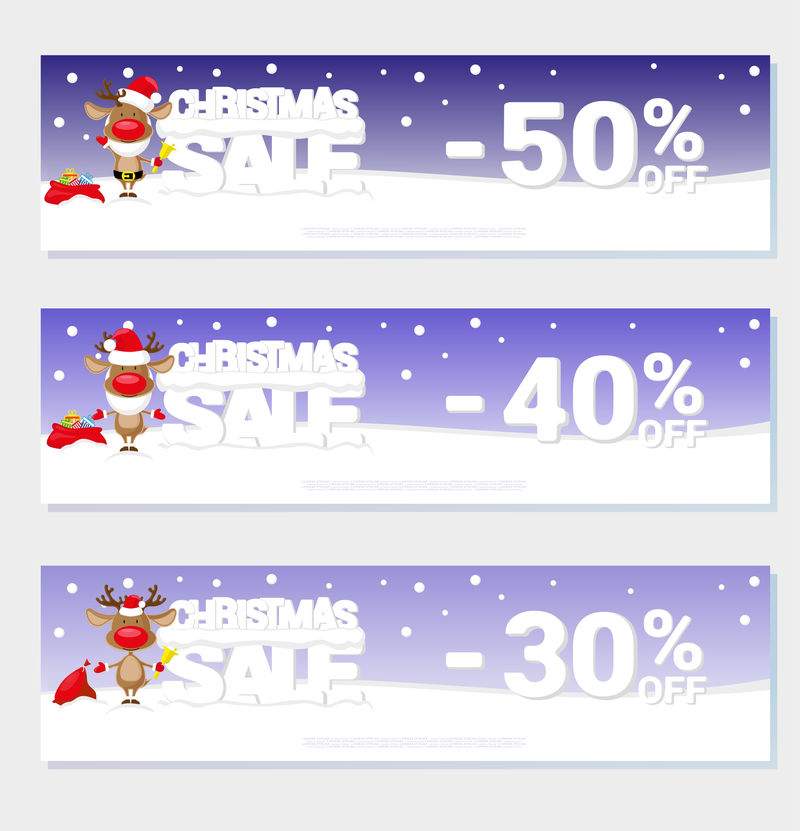 圣诞海报上有圣诞老人的鹿和大雪上的大字用于设计价格标签或网站横幅卡通风格矢量图解