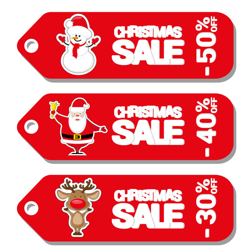 设置圣诞老人鹿和雪人的标签圣诞销售模式隔离在白色背景上卡通风格矢量图解