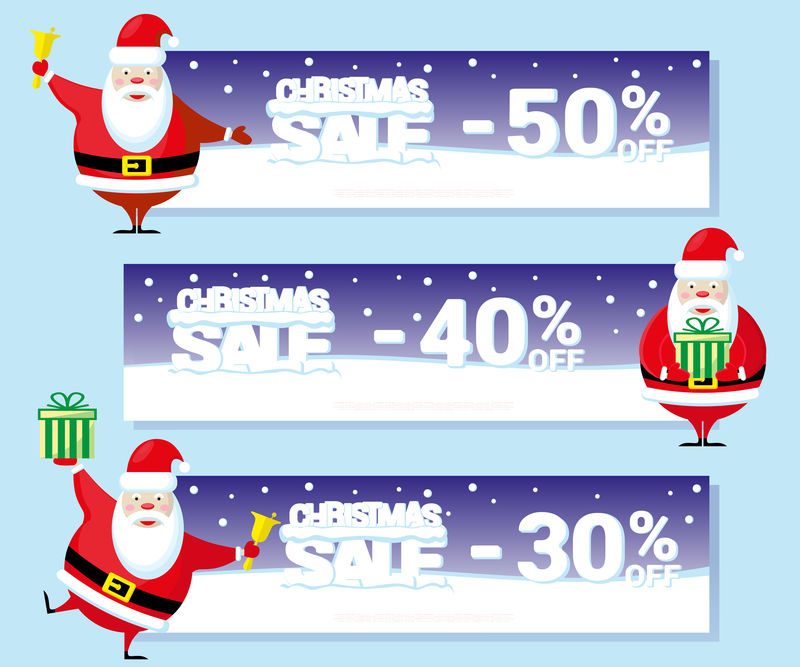 圣诞促销传单或优惠券上面有圣诞老人和大雪上的大字卡通风格矢量图解
