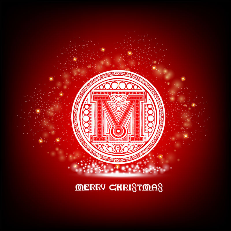 大写字母M进入图案圆圈-红色圣诞节背景上有火花