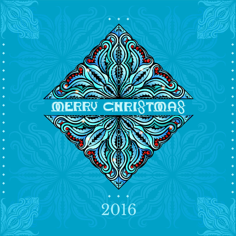 中心植物和花卉图案的菱形横幅-蓝色背景上印有圣诞节字样