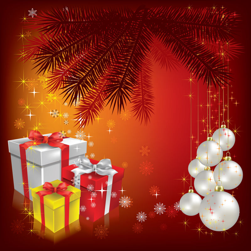 圣诞树上有红色的礼物和球