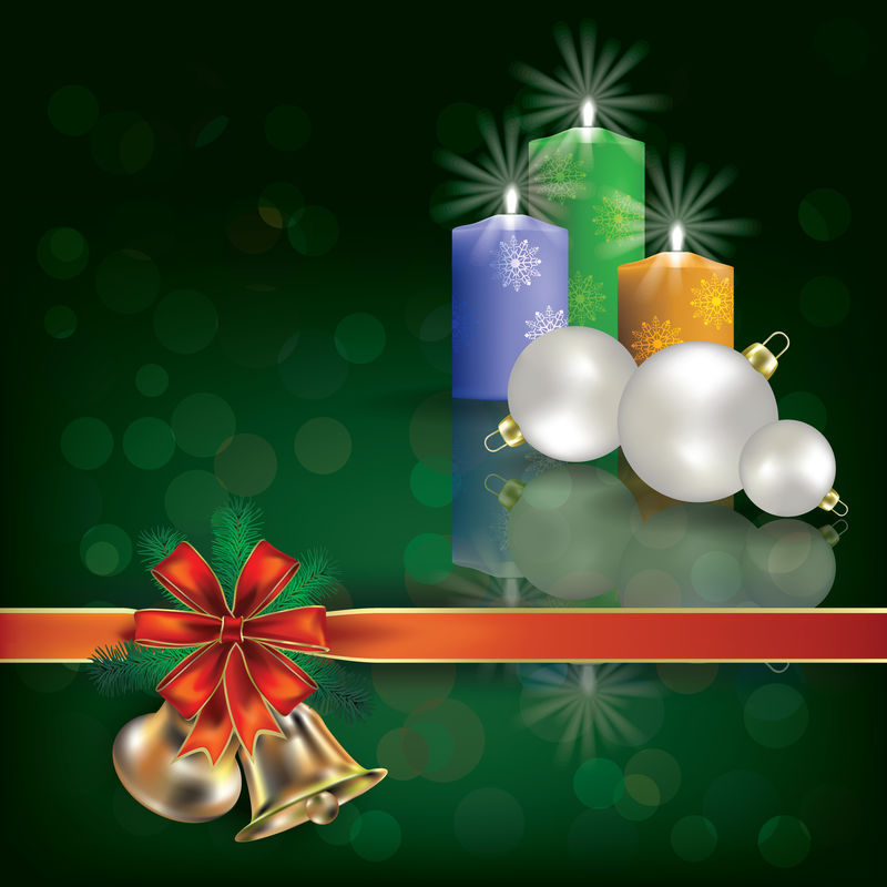圣诞绿色的蜡烛和礼品丝带问候