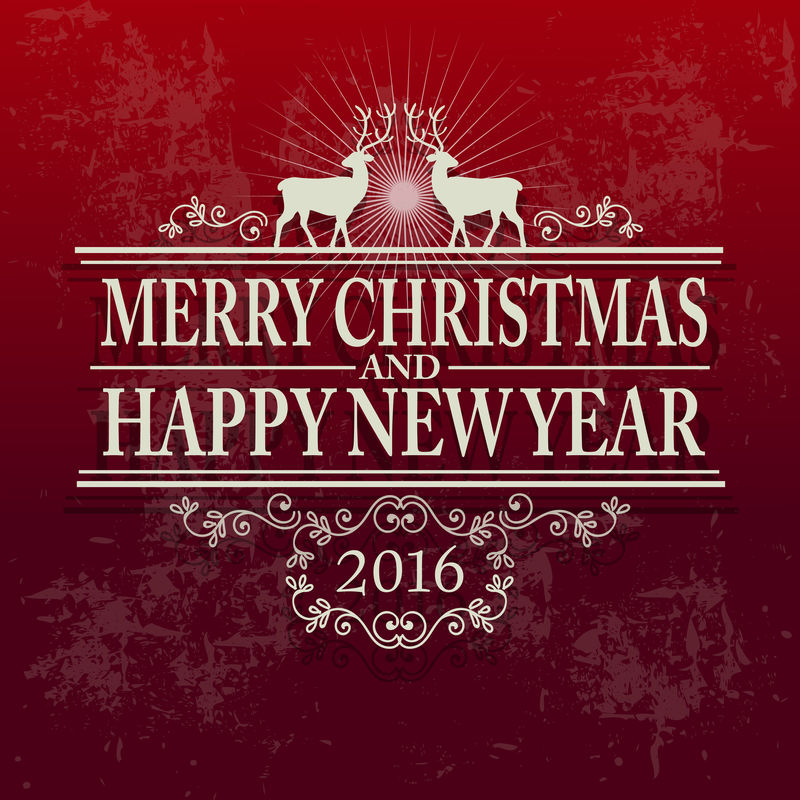 圣诞快乐-新年快乐矢量图-手工书写的文字-圣诞装饰品-红色背景的鹿