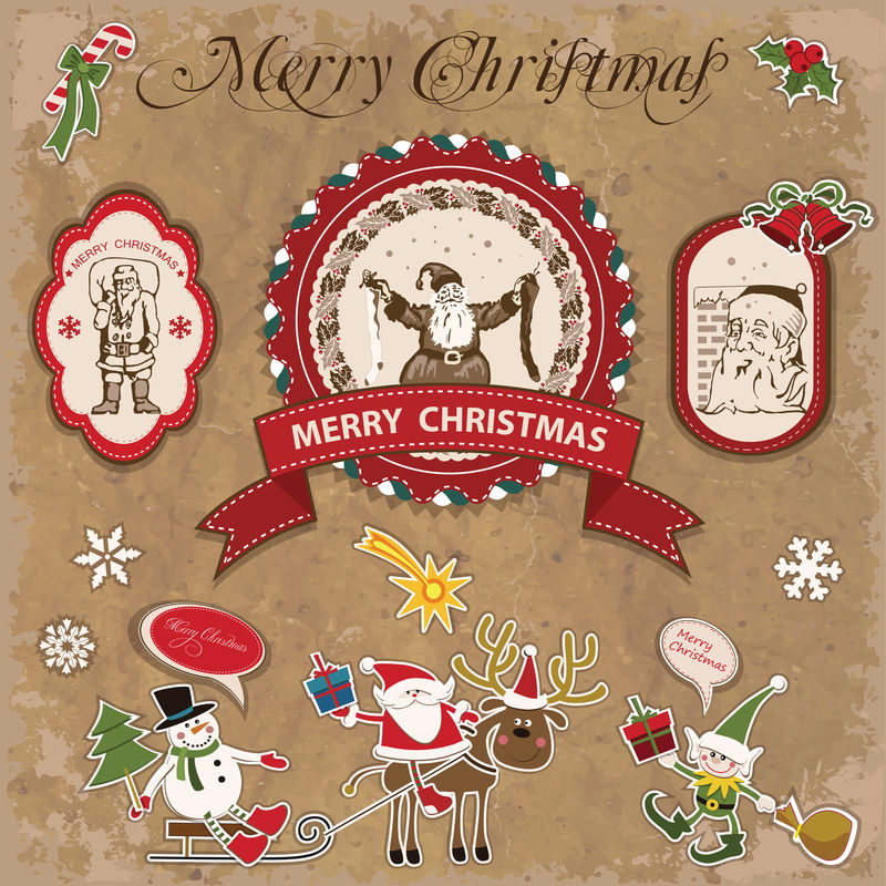 圣诞节和新年-一套矢量装饰物品-古董和古董首饰-横幅-邮票-贴纸-雪花和星星图案-圣诞老人-圣诞树-雪人-驯鹿-矢量