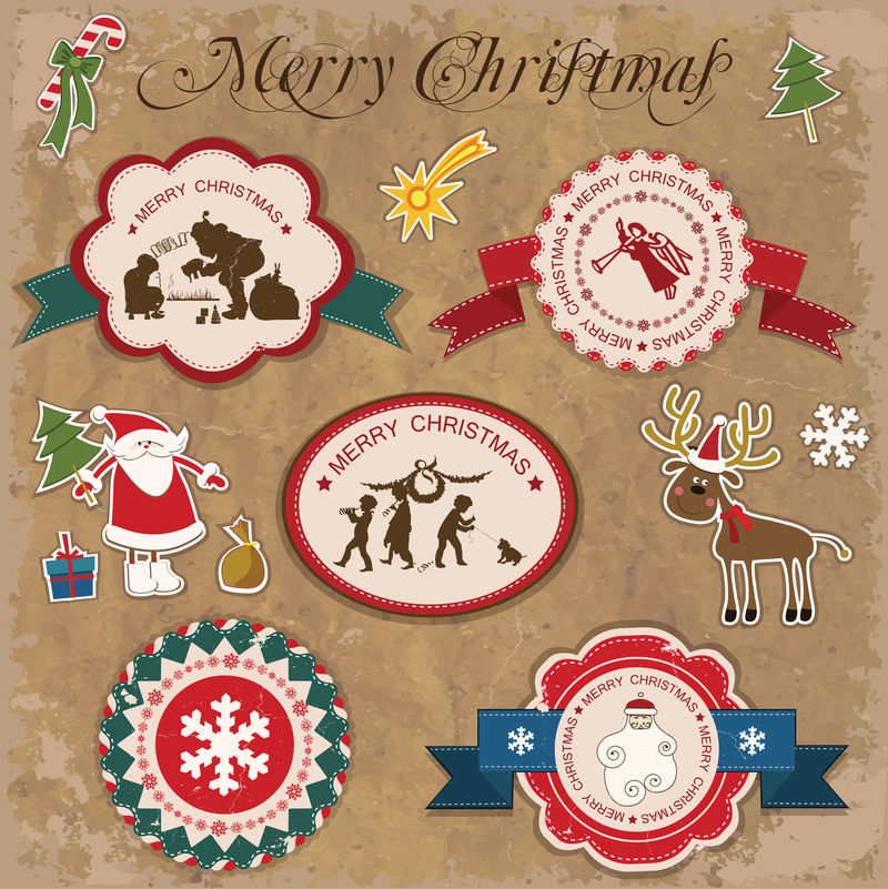 圣诞节和新年-一套矢量装饰物品-古董和古董首饰-横幅-邮票-贴纸-雪花和星星图案-圣诞老人-圣诞树-雪人-驯鹿-矢量