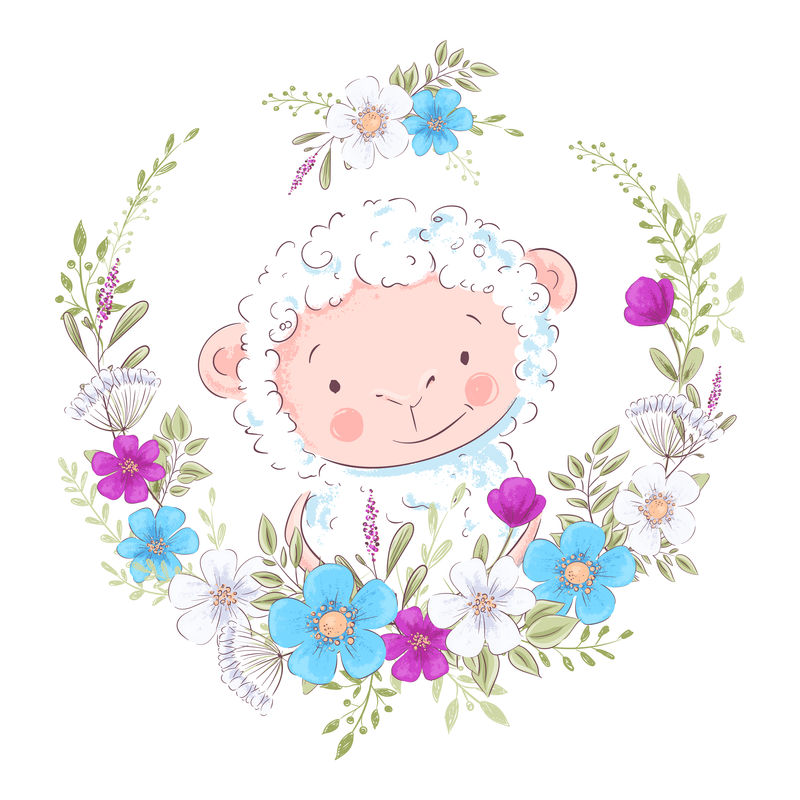 一只可爱的绵羊戴着蓝紫色花环的卡通画手绘矢量图